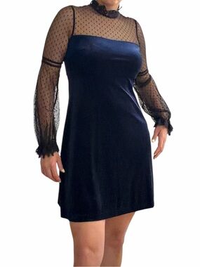 Women’s Navy Velvet Sheath Dress Sz 4 Polka Dot Mesh Long Sleeve Cocktail Party